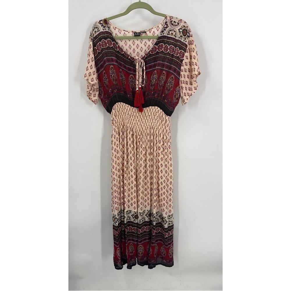 S.R fashion Bohemian floral Print tassel tie smocked waist Dress M